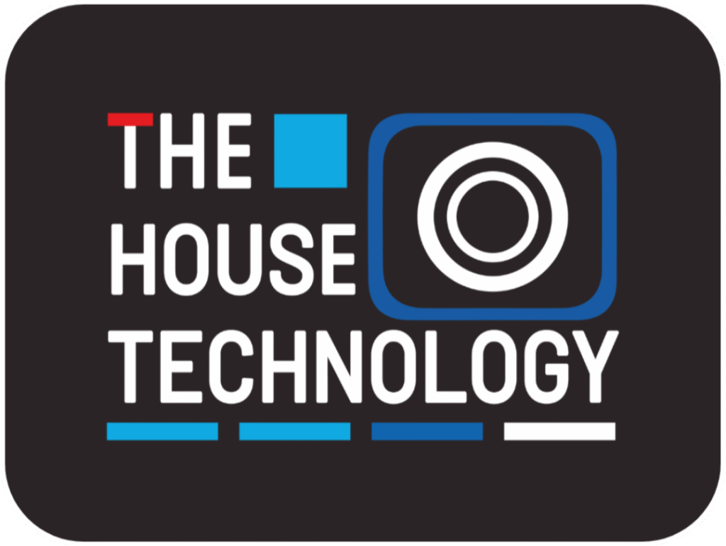 Logo of the action camera business 'The House Technology'. There are white letters on a black background that spell the name 'The House Technology'. There are blue details that mimic the shape of an action camera.