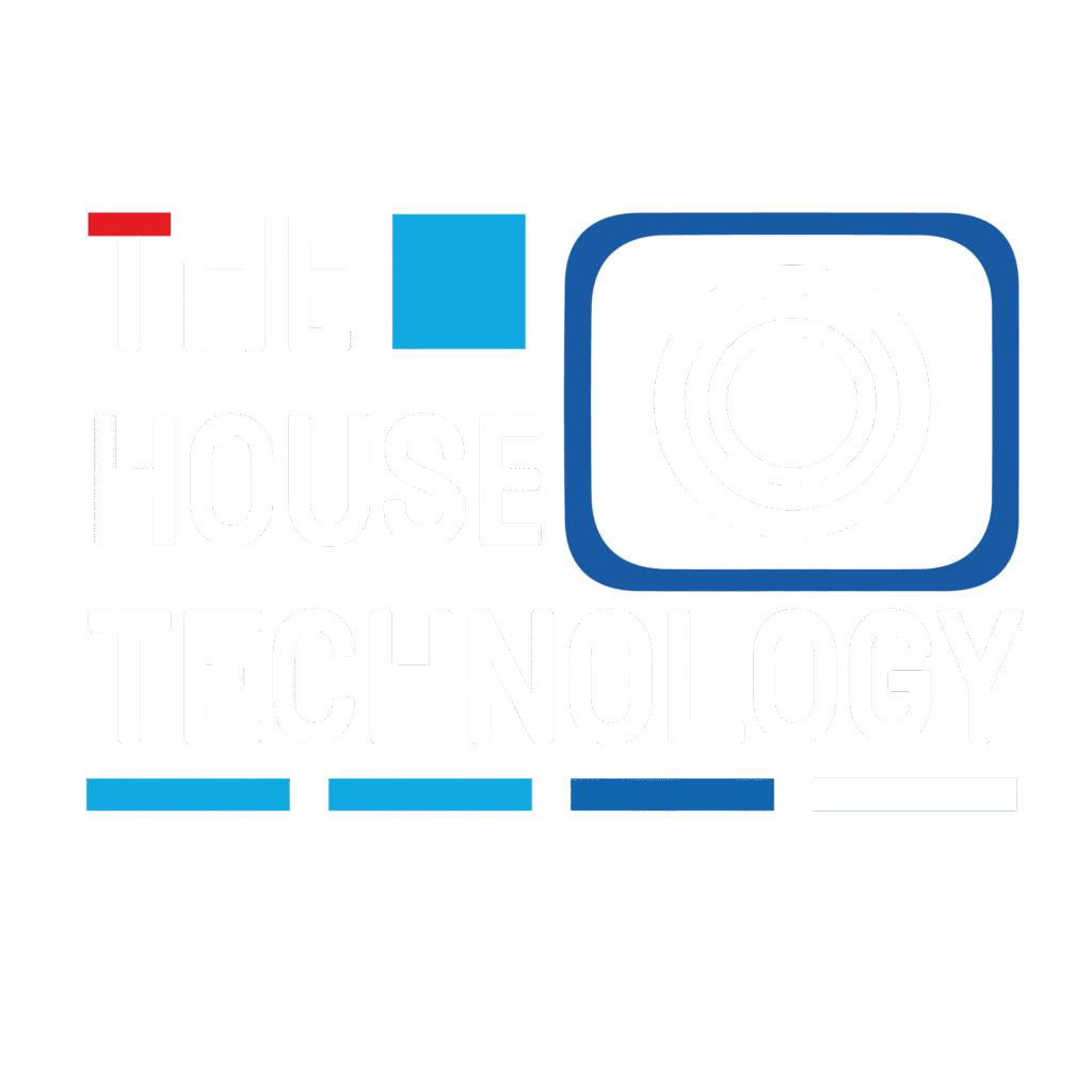 Logo of the action camera business 'The House Technology'. There are white letters on a black background that spell the name 'The House Technology'. There are blue details that mimic the shape of an action camera.